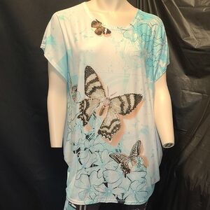 MODEL FRANCE Butterfly Print Women's Top - Blue and White GEM ACCENTS